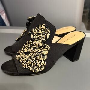 ANTONIO MELANI Black and Cream Floral Embellished Block Heel Mules